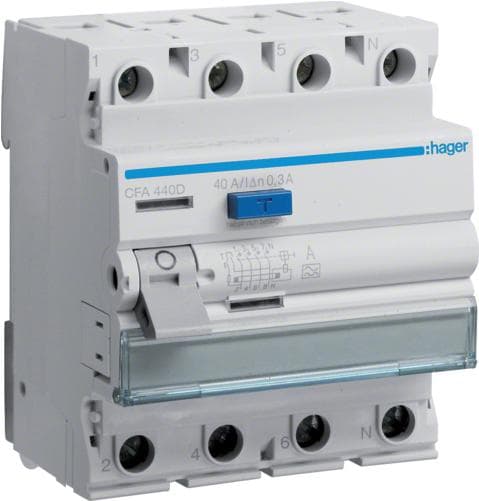 Hager CFA440D. Indgangsstrøm: 40 A, Indgangsspænding: 230/400 V. Produktets farve: Grå, Hvid (CFA440D)
