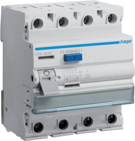 Hager CFA463D. Ingångsström: 63 A, Inspänning: 230/400 V. Produktens färg: Grå, Vit (CFA463D)