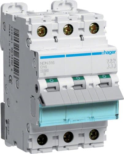 Hager NDN316. Mærkestrøm: 16 A. Type: D-type, moduler Antal (maks.): 3 modul(er) (NDN316)