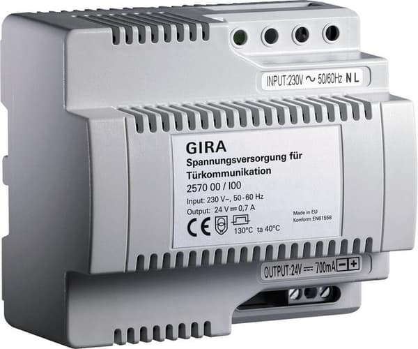GIRA 257000. Farve på produkt: Grå. AC-indgangsspænding: 230 V, AC-indgangsfrekvens: 50 Hz, DC-udgangsspænding: 24 V (257000)