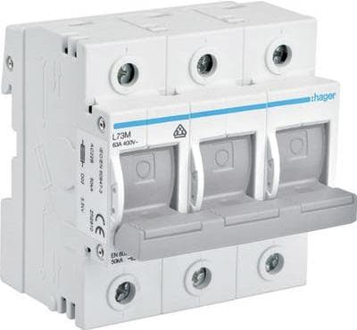 Hager L73M. Nominell strömutgång: 63 A. Vikt: 355 g (L73M)