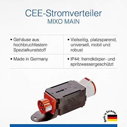 as - Schwabe MIXO MAIN strømfordeler - 5-polet 400 V, 16 A CEE stik til CEE stikkontakt 16 A - Robust strømfordeler velegnet til byggepladser - IP44 -
