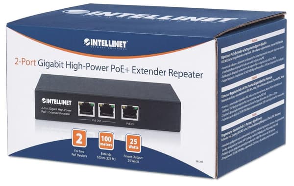 Intellinet 2-portars Gigabit High-Power PoE+ Extender Repeater - Repeater - GigE - 10Base-T, 100Base-TX, 1000Base-T - 2 portar - RJ-45 / 2 x RJ-45 - u