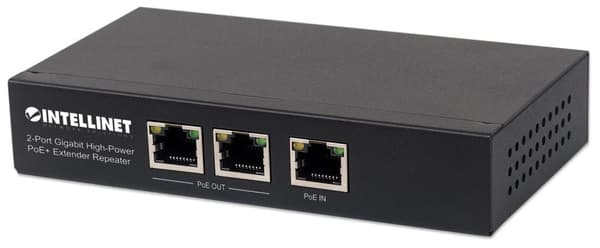 Intellinet 2-portars Gigabit High-Power PoE+ Extender Repeater - Repeater - GigE - 10Base-T, 100Base-TX, 1000Base-T - 2 portar - RJ-45 / 2 x RJ-45 - u Svart