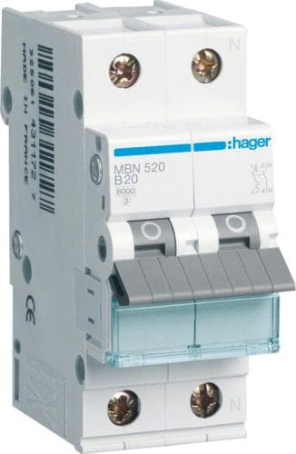 Hager MBN520. Antal stænger: 2P. AC-indgangsfrekvens: 50/60 Hz, nominel strømudgang: 20 A (MBN520)