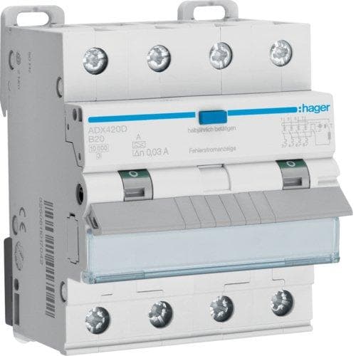 Hager fejlstrømsafbryder 4P10kA B-20A 30mA A type ADX420D - Afbryder (ADX420D)