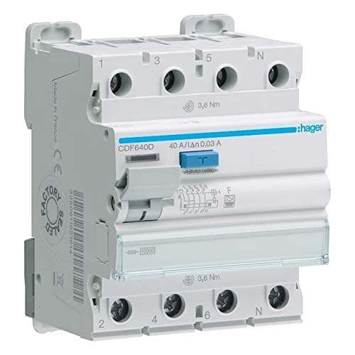 HAGER CDF640D RCCB 4P 10kA 40A 30mA Type F (CDF640D)