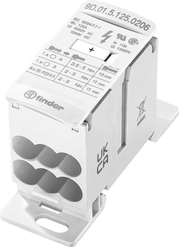 Finder 9D.01.5.125.0206 fordeler hvid 8-polet 16 mm² 125 A 1000 V/AC, 1500 V/DC leder type = L, N, PE (9D.01.5.125.0206)