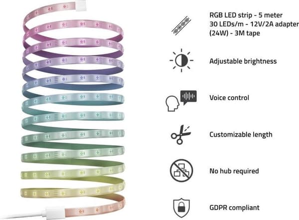 Hombli Smart LED Strip RGB – 5 metriä – valkoinen ja värillinen valo – RGB – Ohjaus sovelluksella tai äänellä – WiFi