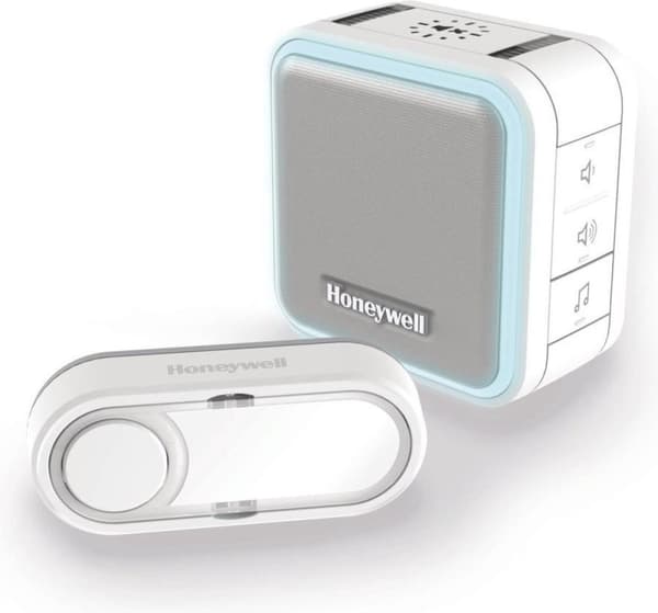 Elektrobert Honeywell DC515S trådlös bärbar dörrklocka med glorieljus, viloläge och horisontell klocka 6 melodier 84 dB 150 meter vit