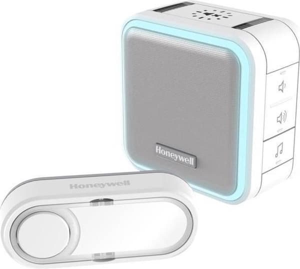 Elektrobert Honeywell DC515S trådlös bärbar dörrklocka med glorieljus, viloläge och horisontell klocka 6 melodier 84 dB 150 meter vit
