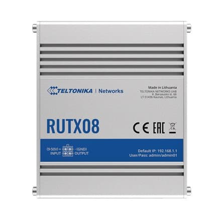Industrial Router | RUTX08 | No Wi-Fi | 10/100/1000 Mbit/s | Ethernet LAN (RJ-45) ports 4 | Mesh Support No | MU-MiMO No | No mobile broadband | 1 | 2