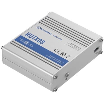 Industrial Router | RUTX08 | No Wi-Fi | 10/100/1000 Mbit/s | Ethernet LAN (RJ-45) ports 4 | Mesh Support No | MU-MiMO No | No mobile broadband | 1 | 2 Rustfritt stål