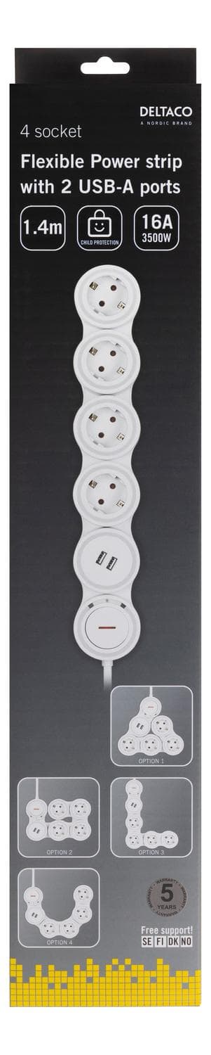 Flexible 4-Socket Power strip, 1.4m, 16A 3500W, 2x USB-A, wh