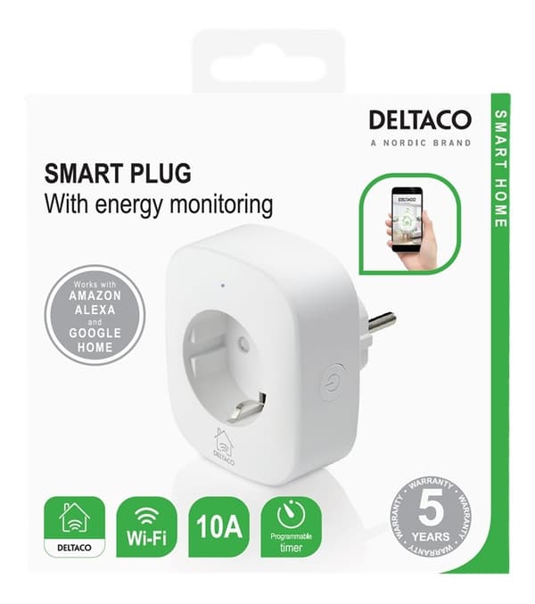 DELTACO Smart hjemmebryter, WiFi, energimåler, hvit