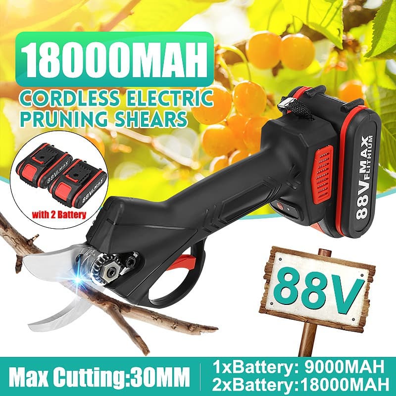 88V 18000MAH sladdlös elektrisk beskärningssax Sekatör Grenklippare sax 30 mm beskärare med 2 batterier