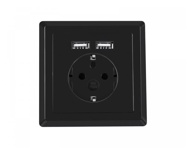 AC Stikkontakt med 2 USB Porter - Svart Sort