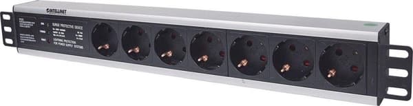 Intellinet 19" 1,5U Rackmount 7-Way Power Strip - tysk type", med overspændingsbeskyttelse, 3 m strømledning (Euro 2-benet stik) Sort
