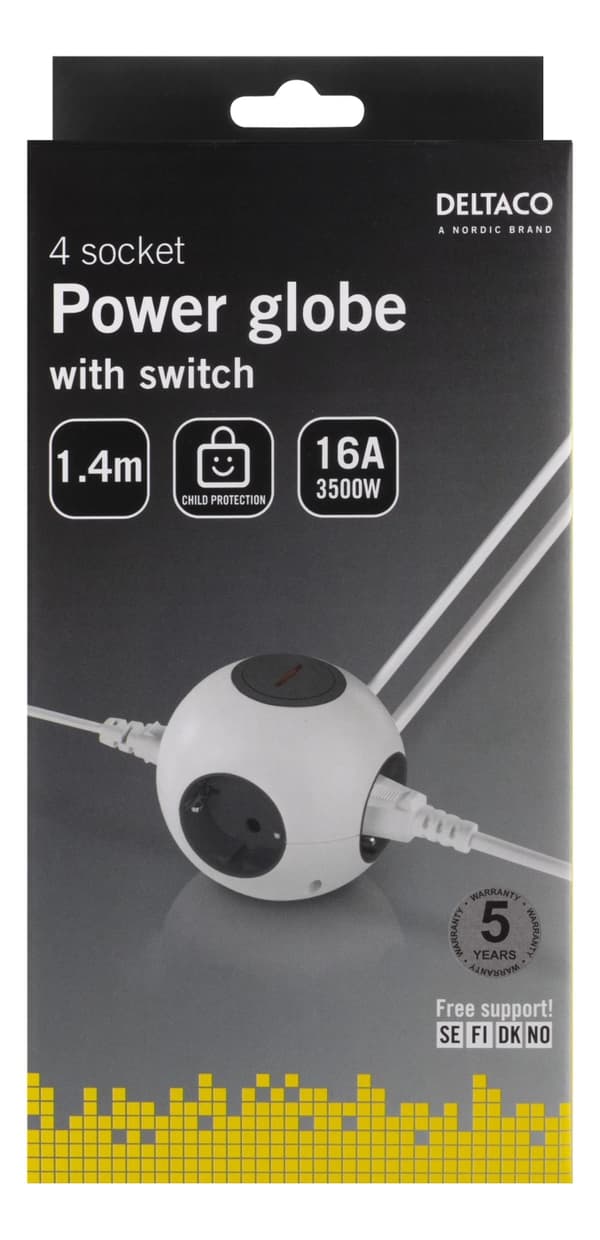 DELTACO Power globe with switch, 4xCEE 7/4, 1xCEE 7/7, 1.4m cable, whi