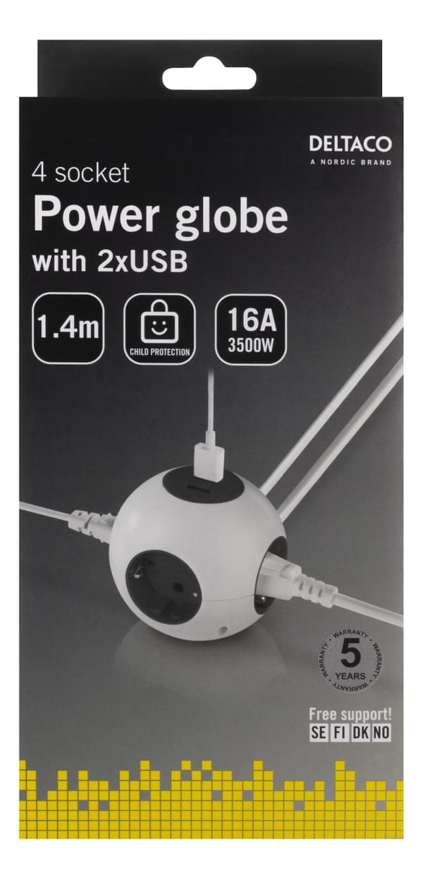 DELTACO Power globe, 2xUSB-A 2.1A, 4xCEE 7/4, 1xCEE 7/7, white