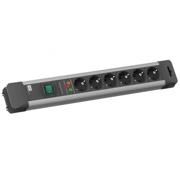 PRELUNGITOR Bachmann, Schuko x 6, conectare prin Schuko (T), cablu 2 m, protectie supratensiune, negru | argintiu, "330.104R" (timbru verde 0.18 lei)