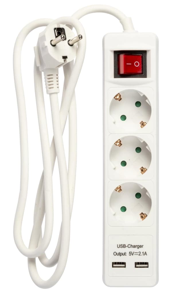 Nordic Quality 3-vägskontakt jordad, 2xUSB-A (3x1,5mm²), 1,5m