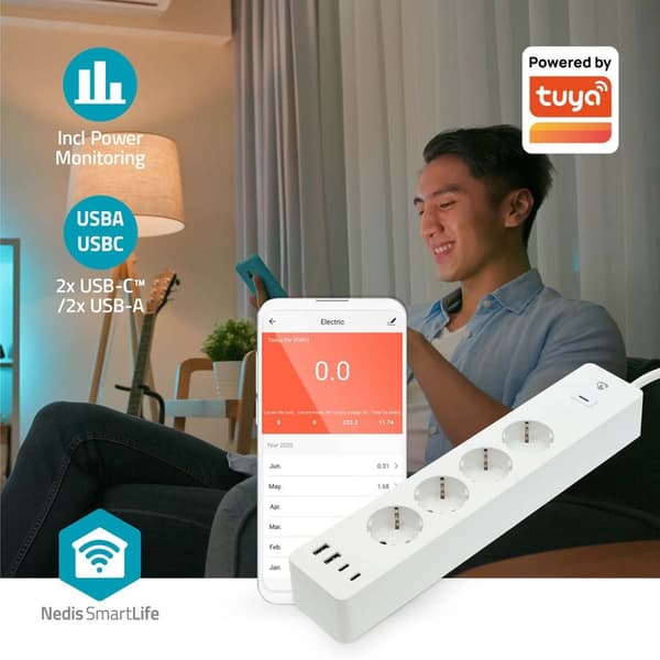 Nedis SmartLife Stikdåse | Wi-Fi | 2x USB-A / 2x USB-C™ / 4x plug with earth contact (CEE 7/3) | 16 A | 3680 W | 2.00 m | 0 - 55 °C | Android™ / IOS |