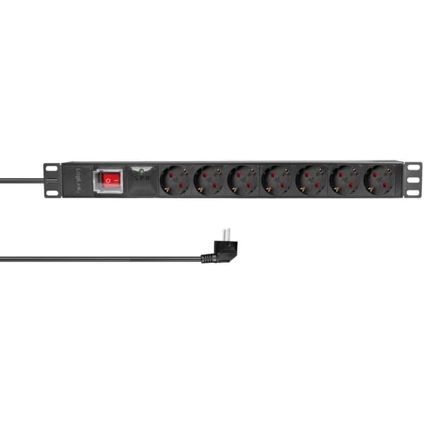 LogiLink 7-veis strømfordelingsenhet med overspenningsvern for 19" rack U1 Black