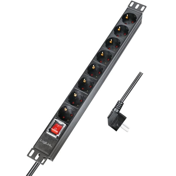 LogiLink 8-veis strømfordelingsenhet med bryter for 19" rack U1 Black