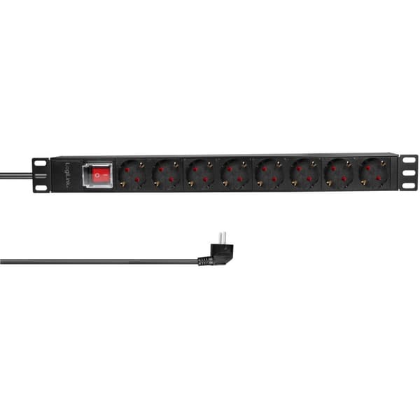 LogiLink 8-veis strømfordelingsenhet med bryter for 19" rack U1 Black