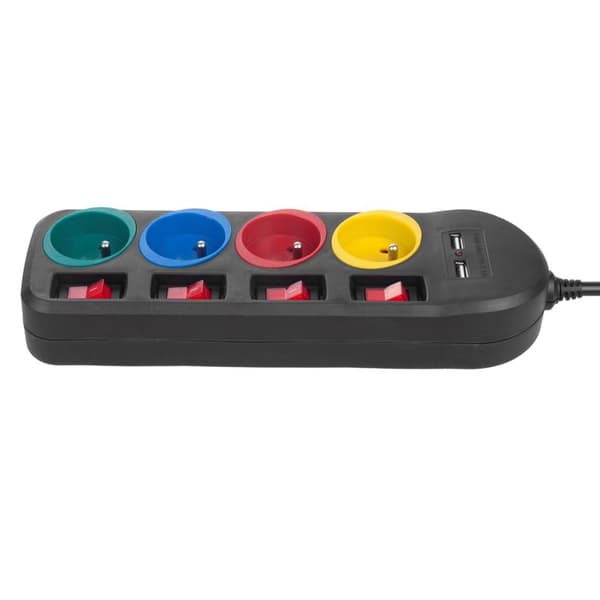 Maclean strømskinne, forlængerkabel med 4 stikkontakter + 2xUSB, med kontakter, 250VAC/10A, 2,1A 5V, 1,5m, sort, MCE229 B