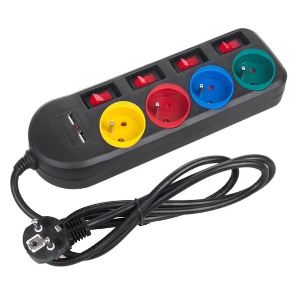 Maclean strømskinne, forlængerkabel med 4 stikkontakter + 2xUSB, med kontakter, 250VAC/10A, 2,1A 5V, 1,5m, sort, MCE229 B