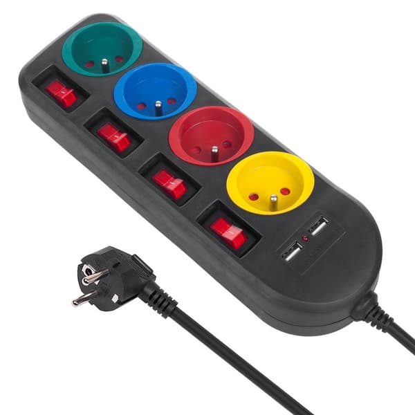 Maclean strømskinne, forlængerkabel med 4 stikkontakter + 2xUSB, med kontakter, 250VAC/10A, 2,1A 5V, 1,5m, sort, MCE229 B