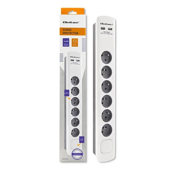Qoltec 50294 ylijännitesuoja Valkoharmaa 6 AC pistorasia(a) 230 V 1,8 m