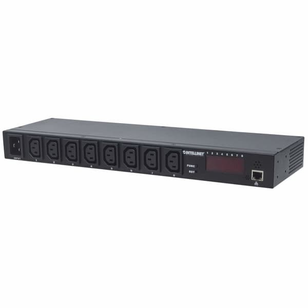 Intellinet 19" intelligent 8-ports PDU, 19" rackmonterbar C13 intelligent strømfordelingsenhed; Overvåger strøm, temperatur og luftfugtighed Sort