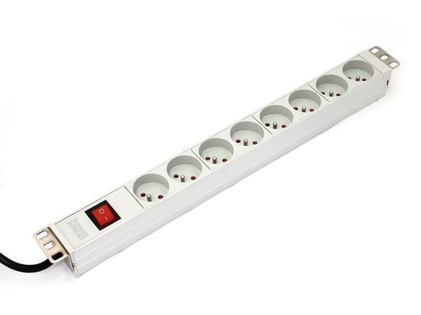 Strømskinne PDU 19" Rack, 8x stikkontakt type E, 1,8m, 1x unischuko-stik, 16A, on/off, aluminium