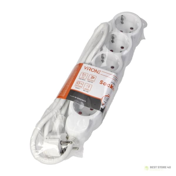 5-vejs forlængerledning 2P+Z (Schuko), 1,5m H05VV-F 3x1,5mm2, Imax=16A, fladstik, hvid