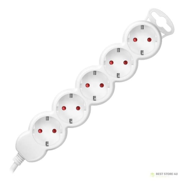 5-vejs forlængerledning 2P+Z (Schuko), 1,5m H05VV-F 3x1,5mm2, Imax=16A, fladstik, hvid