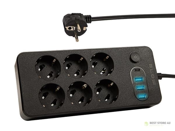 98-211# Jatkojohto ps-630 6-nastaa 3xusb 1xusb-c 3m musta 2x1mm
