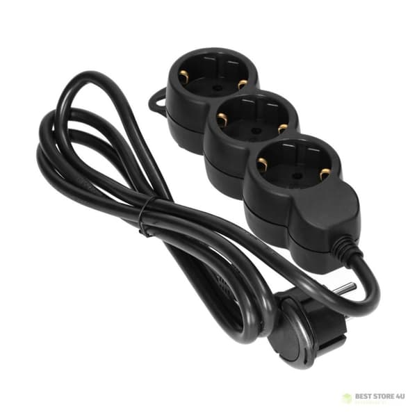 3-vägs förlängningssladd 2P+Z (Schuko), 3m H05VV-F 3x1.5mm2, Imax=16A, platt kontakt, svart