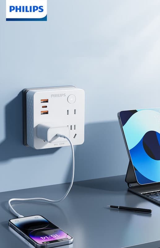 Philips USB-stikkonverter til udvidelse af multifunktionel strømforsyning til hurtig opladning med trådløs stikkontakt