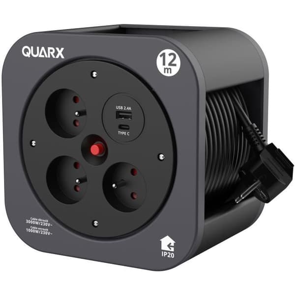 Rulle - QUARX - S-Box - 12m. 3 x 16A-anslutningar. USB Typ A och C