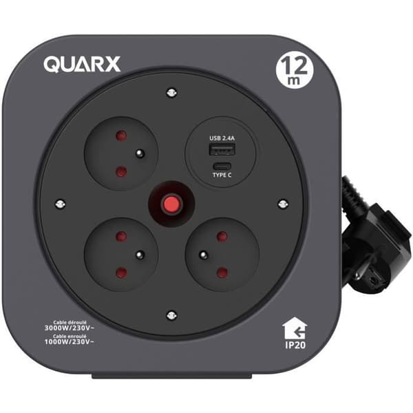 Rulle - QUARX - S-Box - 12m. 3 x 16A-anslutningar. USB Typ A och C