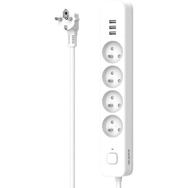 Stikdåse - QUARX - 4 stikkontakter - Med 3 USB-porte, 1,5m kabel