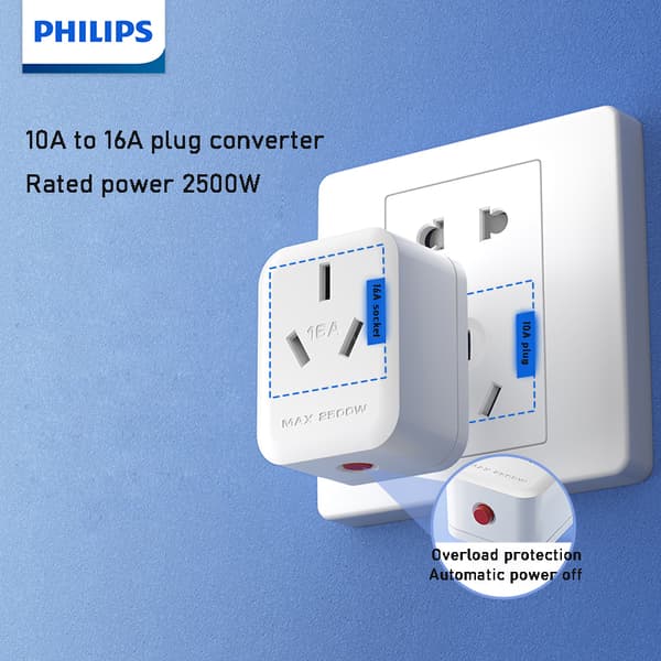 Philips 10A til 16A stikkontaktkonverter til kraftig klimaanlæg, overbelastningsbeskytter til vandvarmer