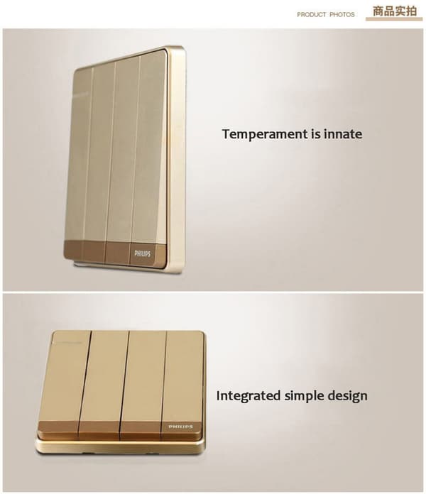 Philips Virtakytkin Seinäpaneeli Champagne Gold Four Open Easy Control 86-tyyppinen väärennössuojaus