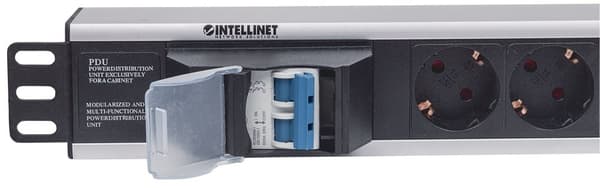 Intellinet 19" 1,5U rackmonteret 6-vejs strømskinne - tysk type", med dobbelt luftafbryder, ingen overspændingsbeskyttelse, 1,6 m netledning