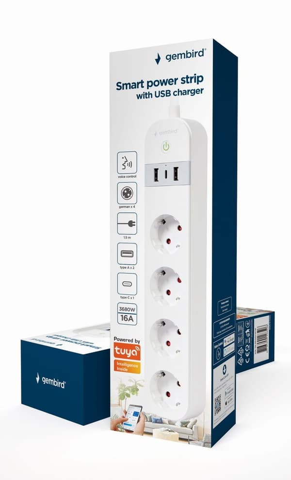 Gembird TSL-PS-S4U-01-W Smart strømskinne 4 AC-stikkontakt(er) Type E 1,5 m 3 3880 W Hvid