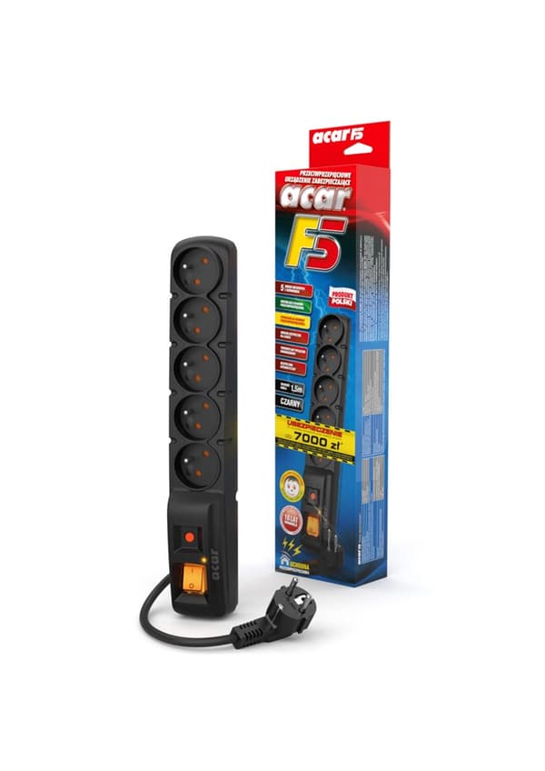 ACAR F5 Musta 5 AC-pistorasiaa 230 V 1,5 m