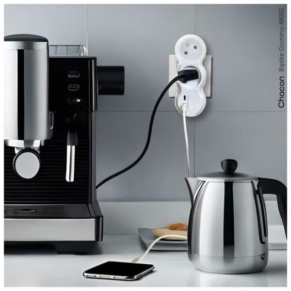 Sæt med 2 CHACON dominoer - 47002 - 2x16A med USB-A + USB-C - Hvid (FR)